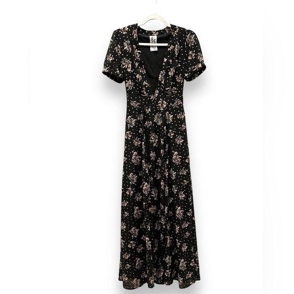 Sadie + Sage | Black + Gold Floral Maxi Dress | Deep V | Size Small - Picture 3 of 10